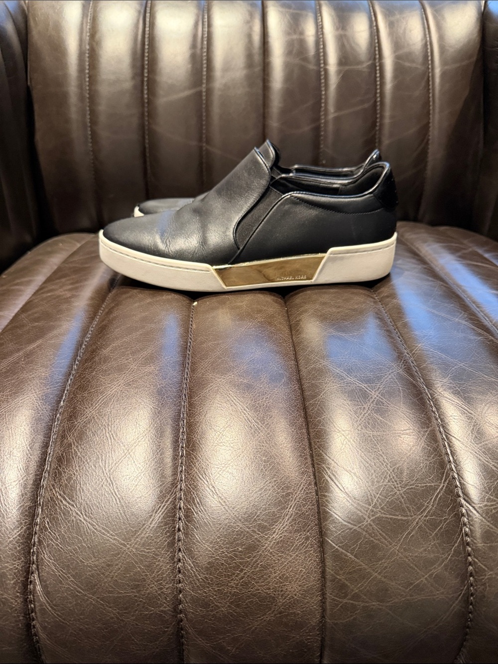 Michael Kors Black Leather Slip-On Sneakers with Gold Accent